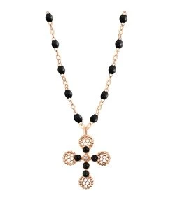 GIGI CLOZEAU Collier Perles Résine Croix Dentelle Diamants Or Rose