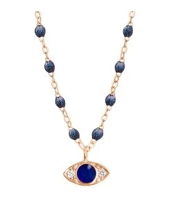 GIGI CLOZEAU Collier Eye Soirée Perles Résine Bleu De Prusse Diamants Or Rose