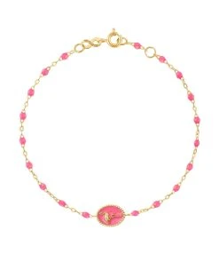 GIGI CLOZEAU Bracelet Flamant Rose Perles Résine Rose Fluo Or Jaune