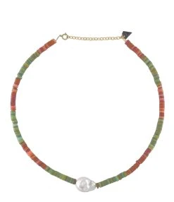 MON PRECIEUX GEM Collier Puka Coquillage Vert Rose Perle Naturelle