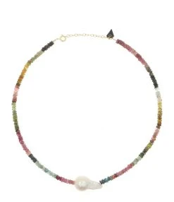 MON PRECIEUX GEM Collier Puka Tourmaline Multicolore Perle Naturell